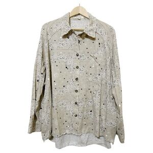 Blue Velvet Oversized Tan & Navy Bandana Print Women’s Button Down Top - Large